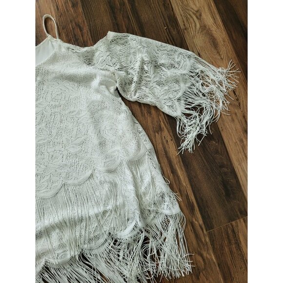 Boston Proper White Lace And Fringe Cold Shoulder Top Western Cowgirl Sz M - Picture 2 of 7